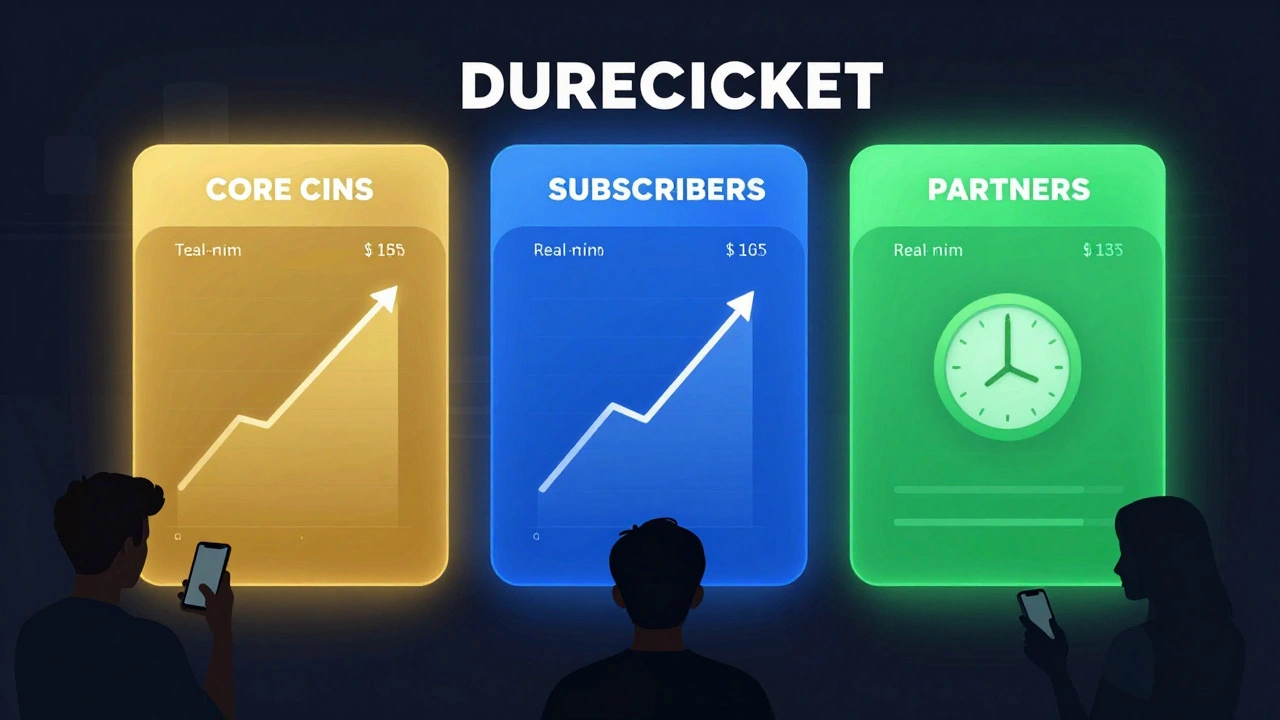 Digital ticket dashboard showing three presale tiers with rising sales graphs and a ticking clock.