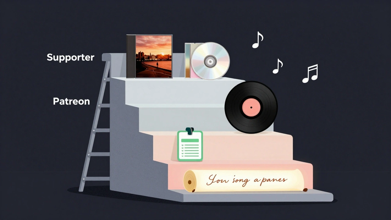Five-tiered ladder showing increasing rewards from digital album to custom song, with musical notes floating upward.