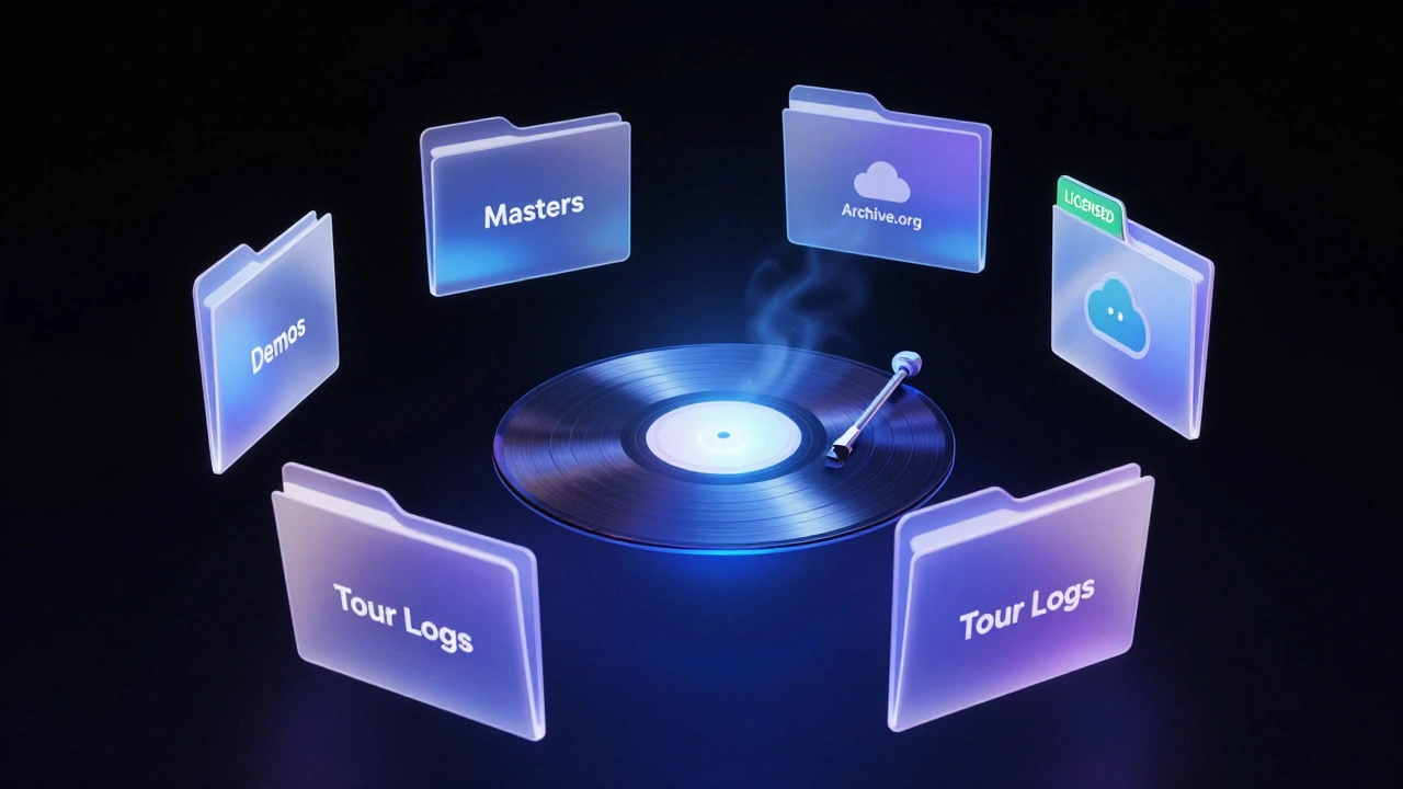 Floating digital files orbit a glowing vinyl record, one being uploaded to the cloud, representing legacy preservation.