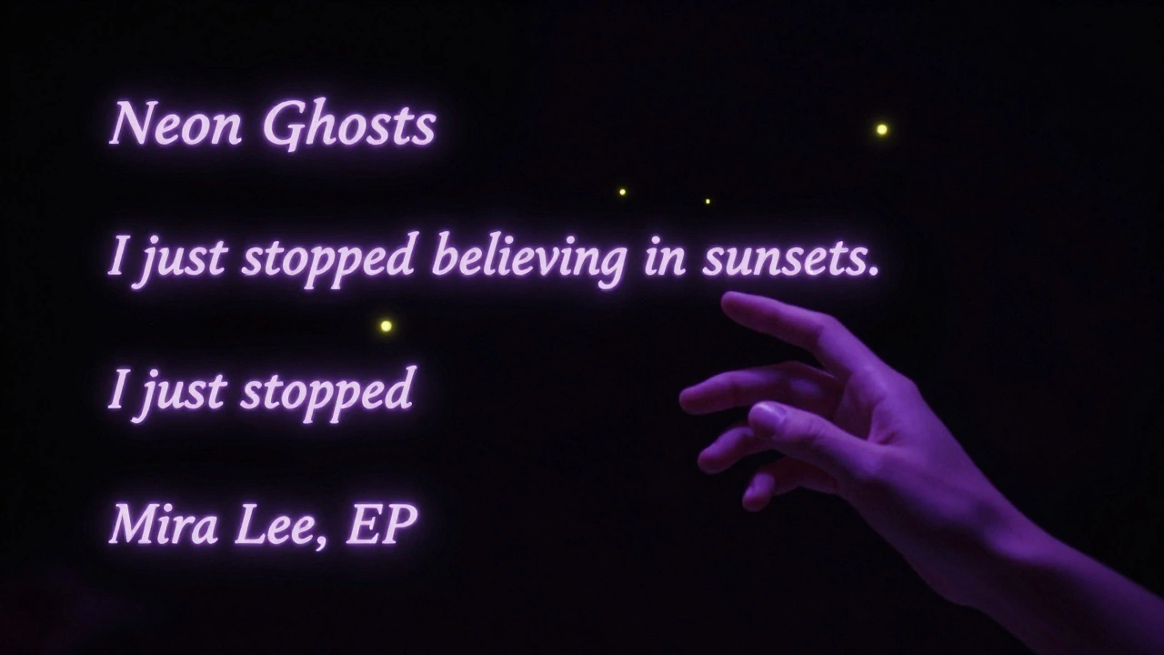 Floating glowing lyrics from an indie EP drift through darkness, one phrase visible: 'I just stopped believing in sunsets.'