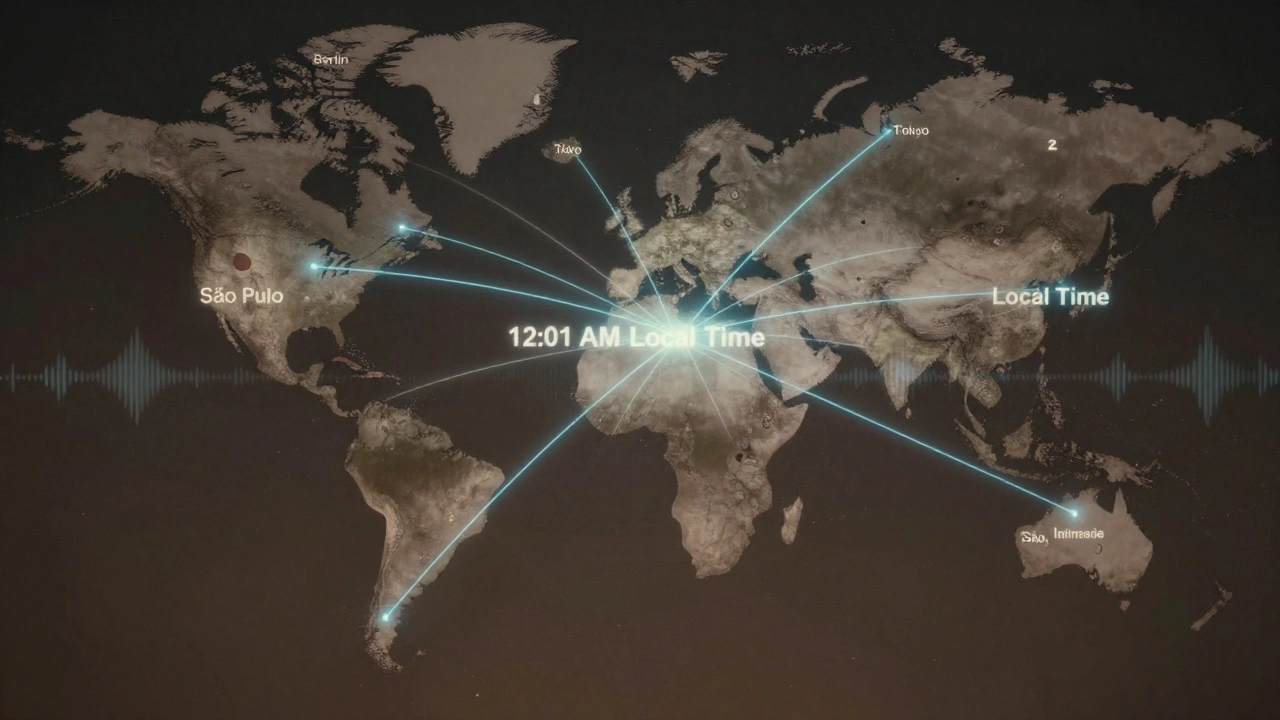 Global map showing midnight release time syncing across major cities with glowing connection lines and waveform pulses.