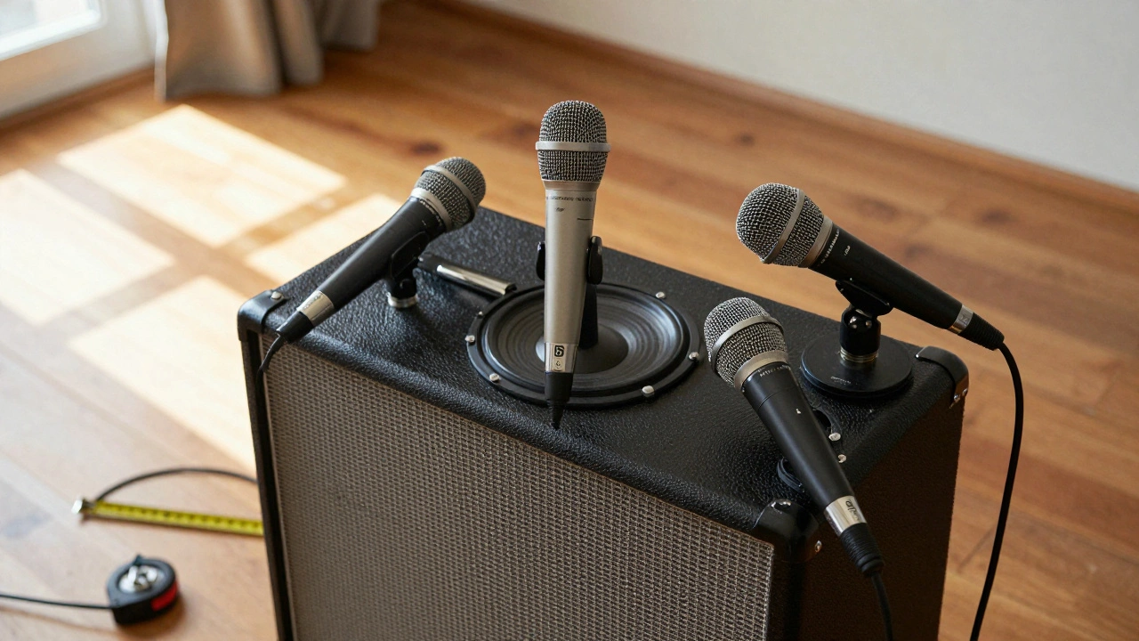 Guitar amp with three microphones positioned at different distances to capture attack, body, and room tone.