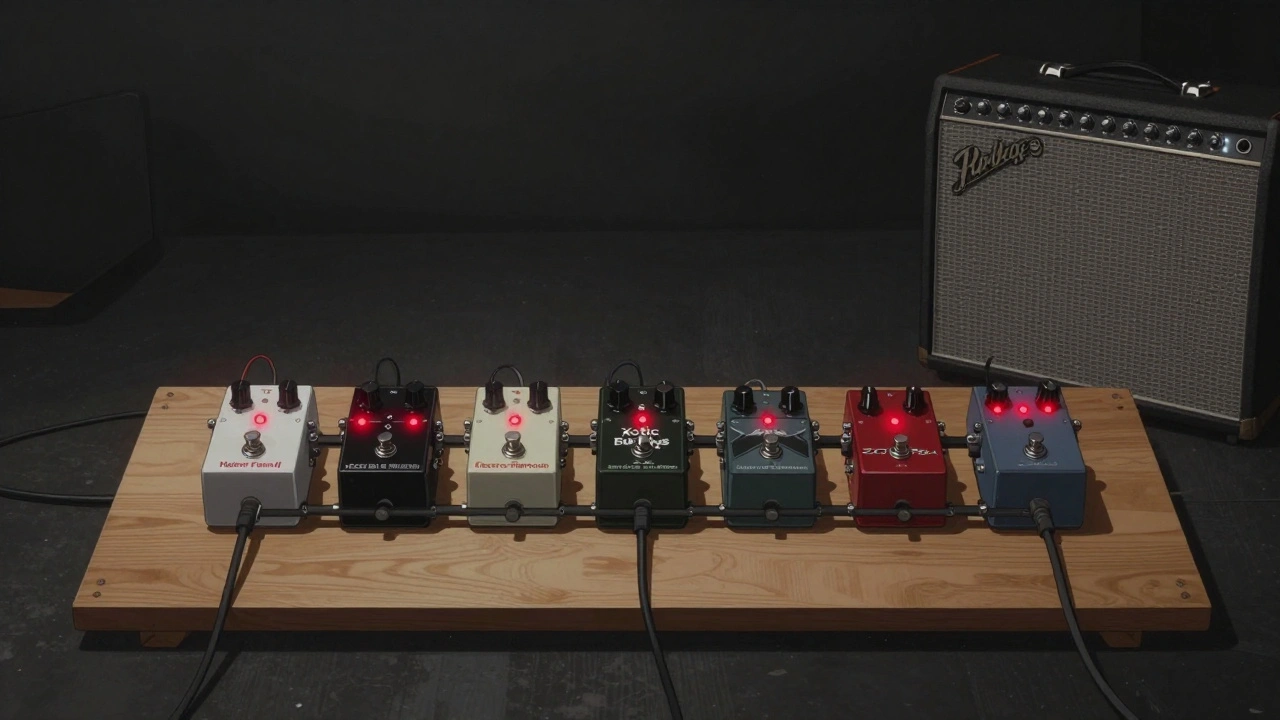 Minimalist pedal board with three pedals: reverb, boost, and synth, connected to a vintage Fender amp on a dark stage.