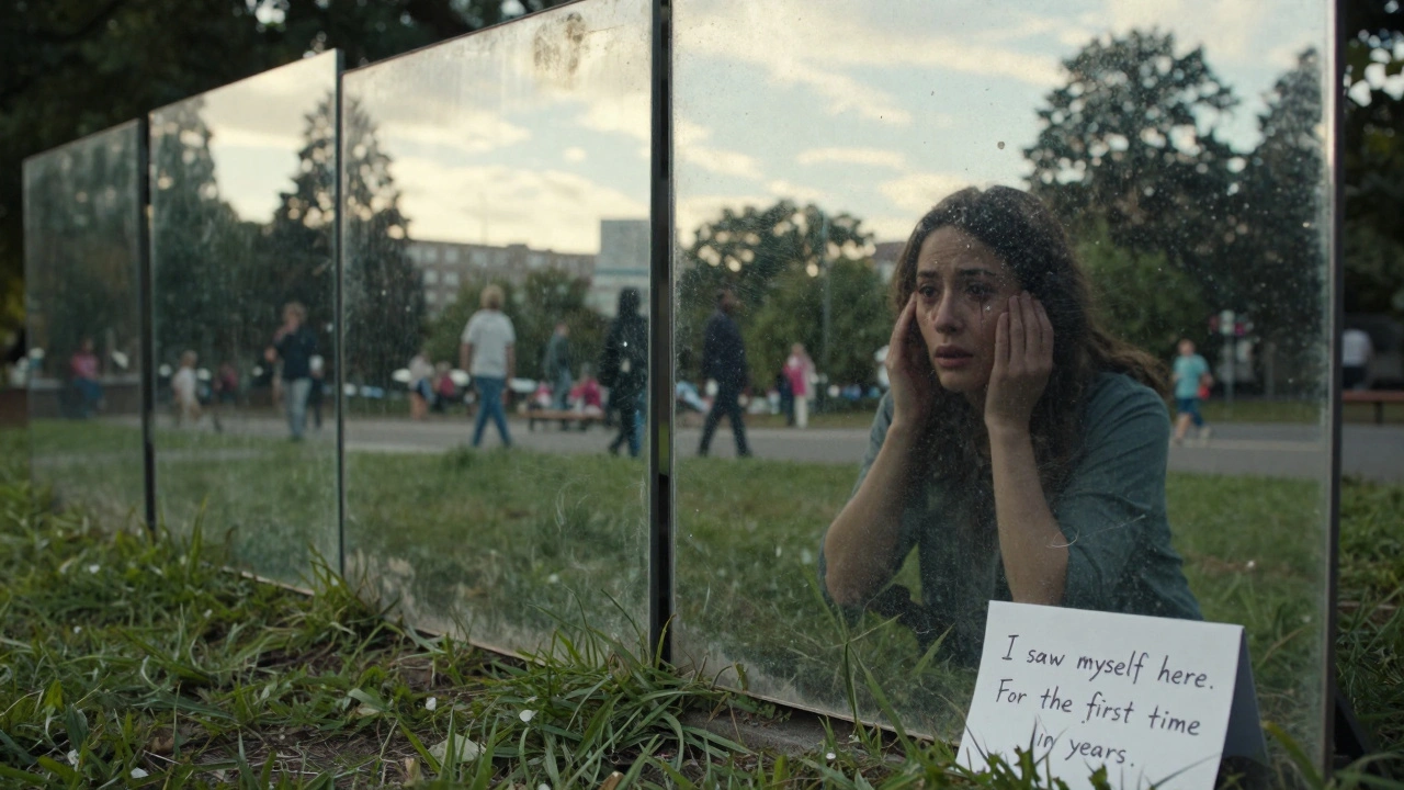 Mirrored panels in a park reflecting sky and passersby, with a handwritten note on the ground.