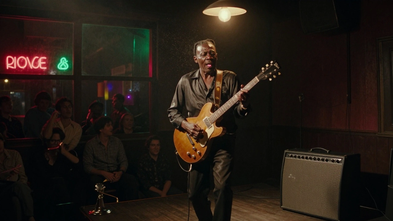 Muddy Waters performing in a smoky Chicago club, electric guitar blazing under a dim bulb.