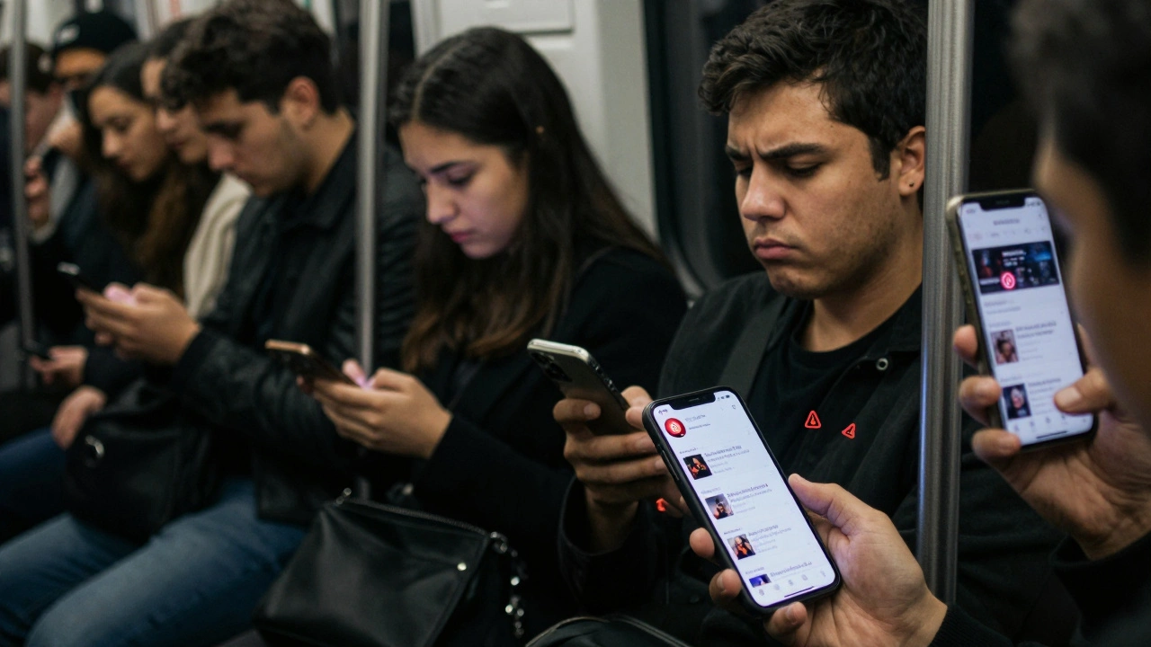 Music fans scrolling through phones on a subway, some unknowingly clicking on sponsored posts.
