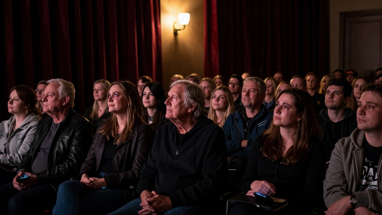 Robert Hill makes eye contact with a fan in the front row during an emotional concert moment.
