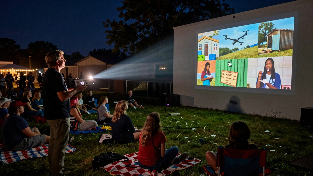 Robert Hill projecting indie films outdoors at Sundance for a large, diverse crowd gathered at night.