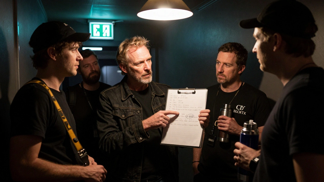 Robert Hill showing a handwritten day sheet to a crew member backstage, pointing to a revised schedule.