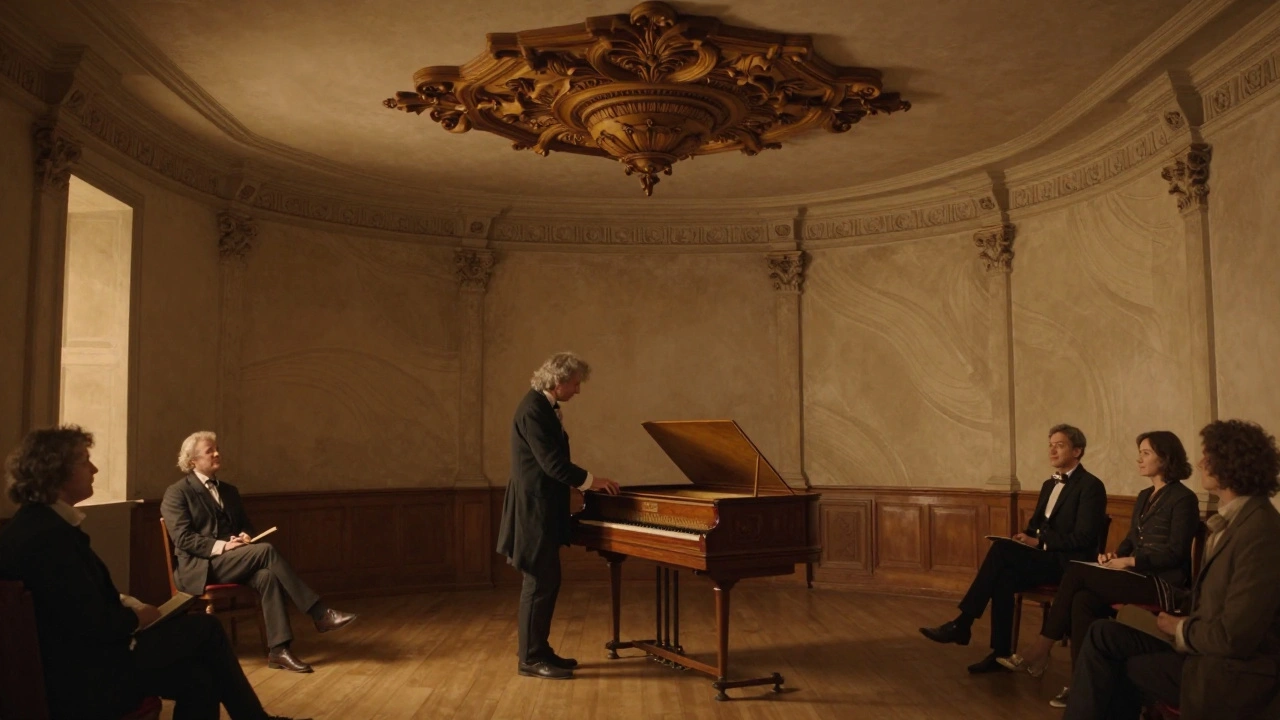 Robert Hill touching a carved wooden rosette ceiling in a historic Prague concert room while playing a clavichord.
