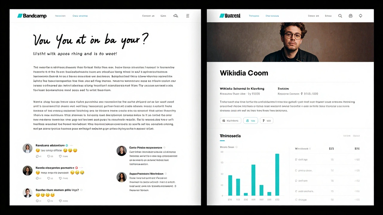 Side-by-side digital displays showing emotional first-person and factual third-person artist bios.