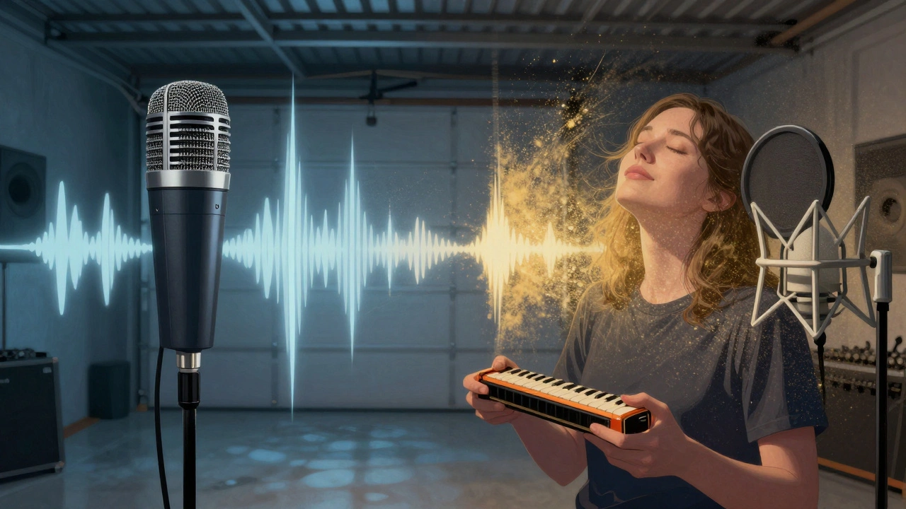 Stereo split of harmonica sound: gritty bullet mic on left, airy condenser on right, player in center.