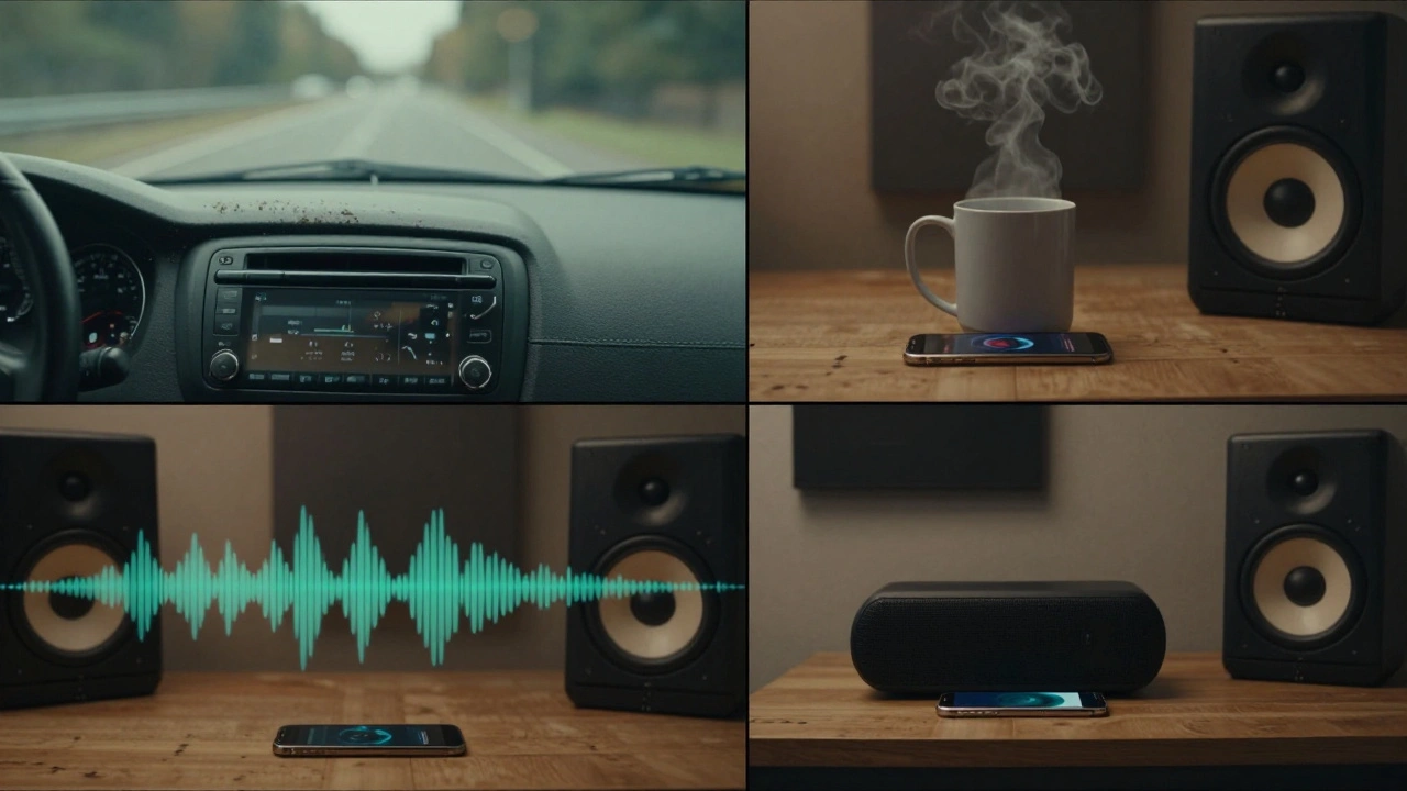 The same music track playing on four different devices in everyday environments.