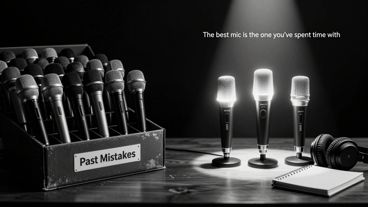 Three essential microphones lit prominently beside a box of unused gear, symbolizing simplicity in recording.