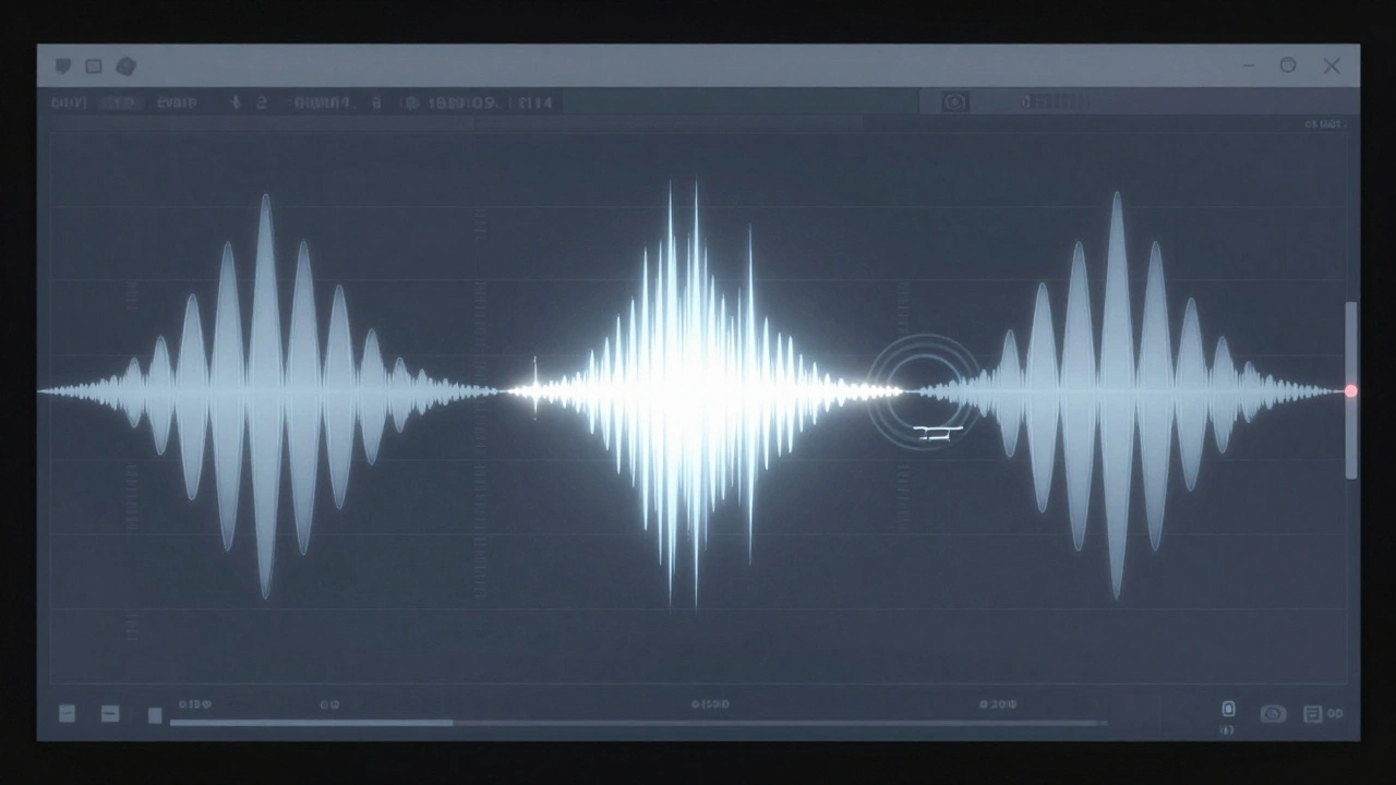 Three vocal waveforms panned left, center, and right, representing layered harmonies with subtle timing differences.