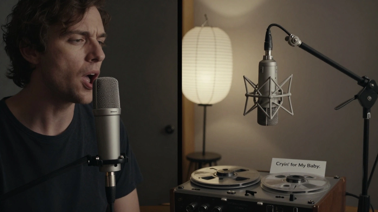 Two microphones side by side capturing different harmonica tones: bullet mic close, condenser farther back.