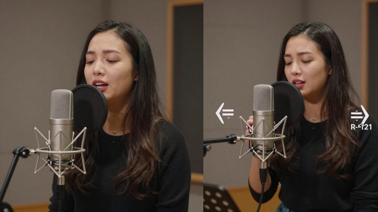 Two singers recording lead and harmony vocals using different microphones, with stereo panning indicated.