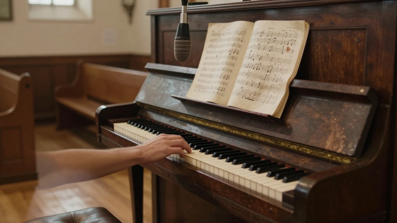 Upright piano in a sanctuary, hand playing slow blues chords, microphone capturing natural room reverb.