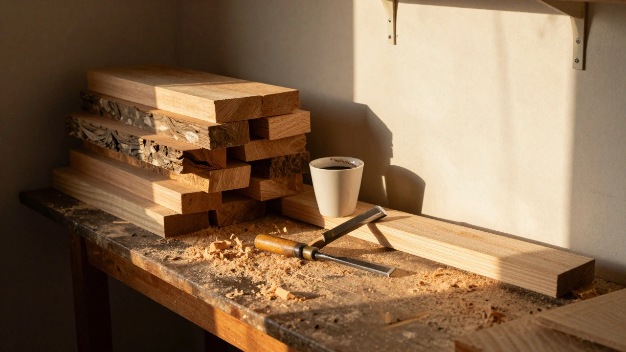 Woodworking shop corner with rough lumber, sawdust, and a coffee cup on a workbench.