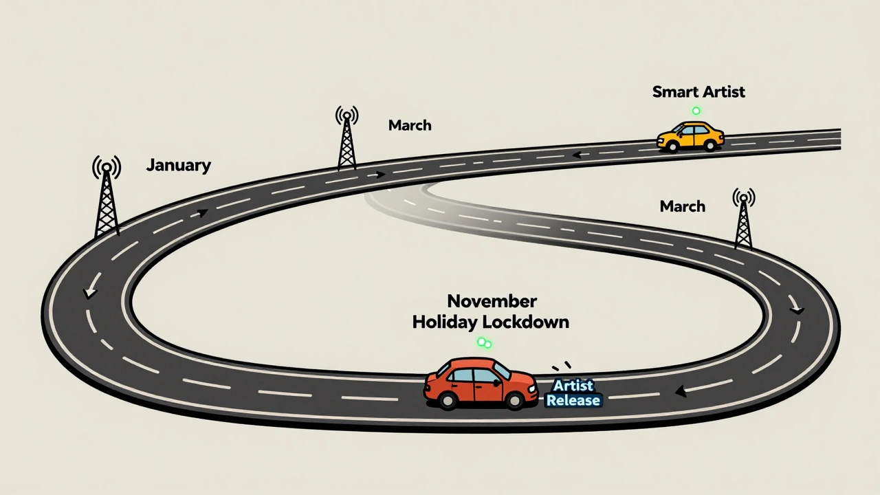 A calendar highway showing one artist's release stuck in November holiday traffic while another moves freely.