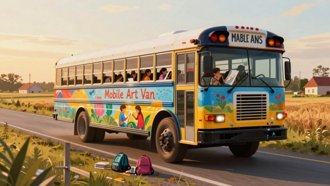 A colorful mobile art van traveling through rural areas, with children painting inside.