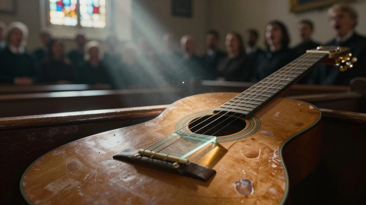 A glass slide rests on a lap steel guitar on a wooden pew, sunlight catching vibrating strings as a choir sings nearby.