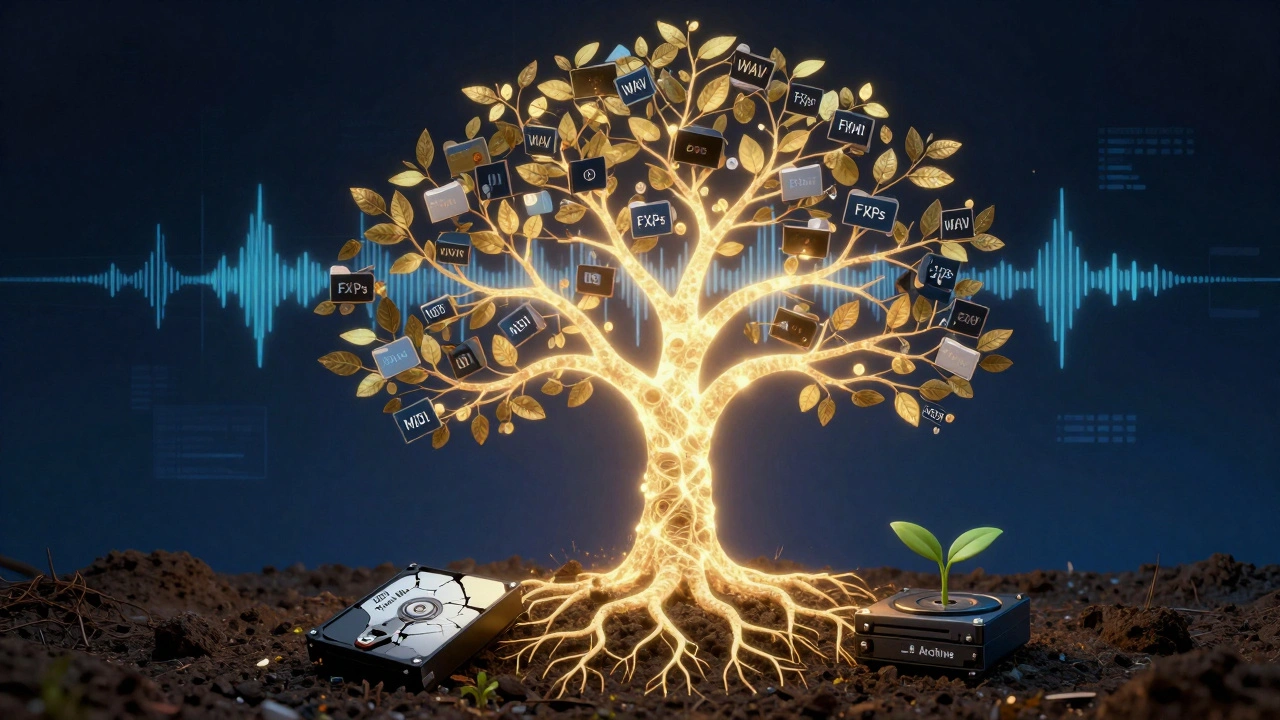 A glowing digital tree with hard drive roots and audio waveform branches, symbolizing music preservation.