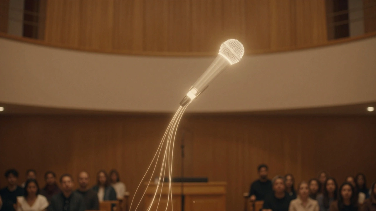 A glowing vocal line trails a single delayed echo through a warm, wooden church space, surrounded by quiet congregational presence.