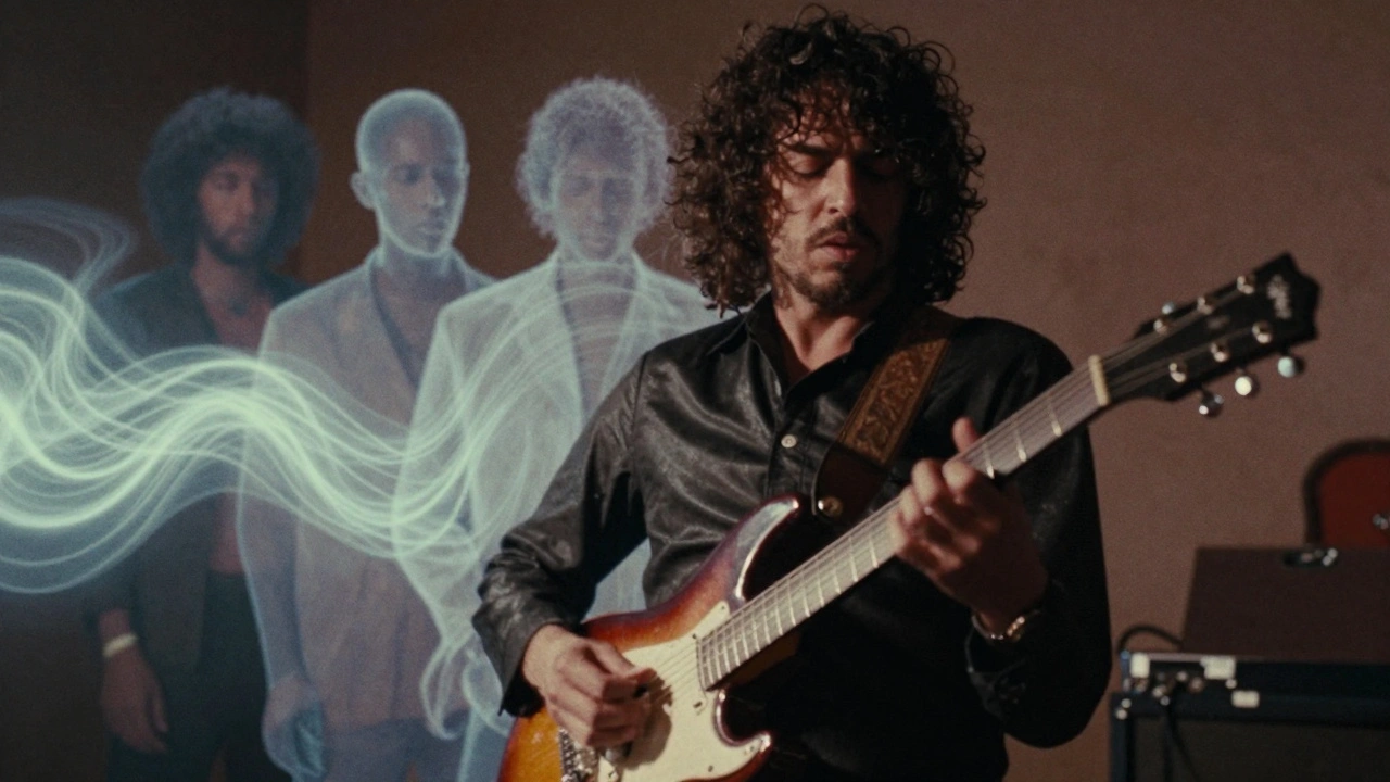 A guitarist playing slide blues with ghostly figures of legendary players behind him, surrounded by sound waves.