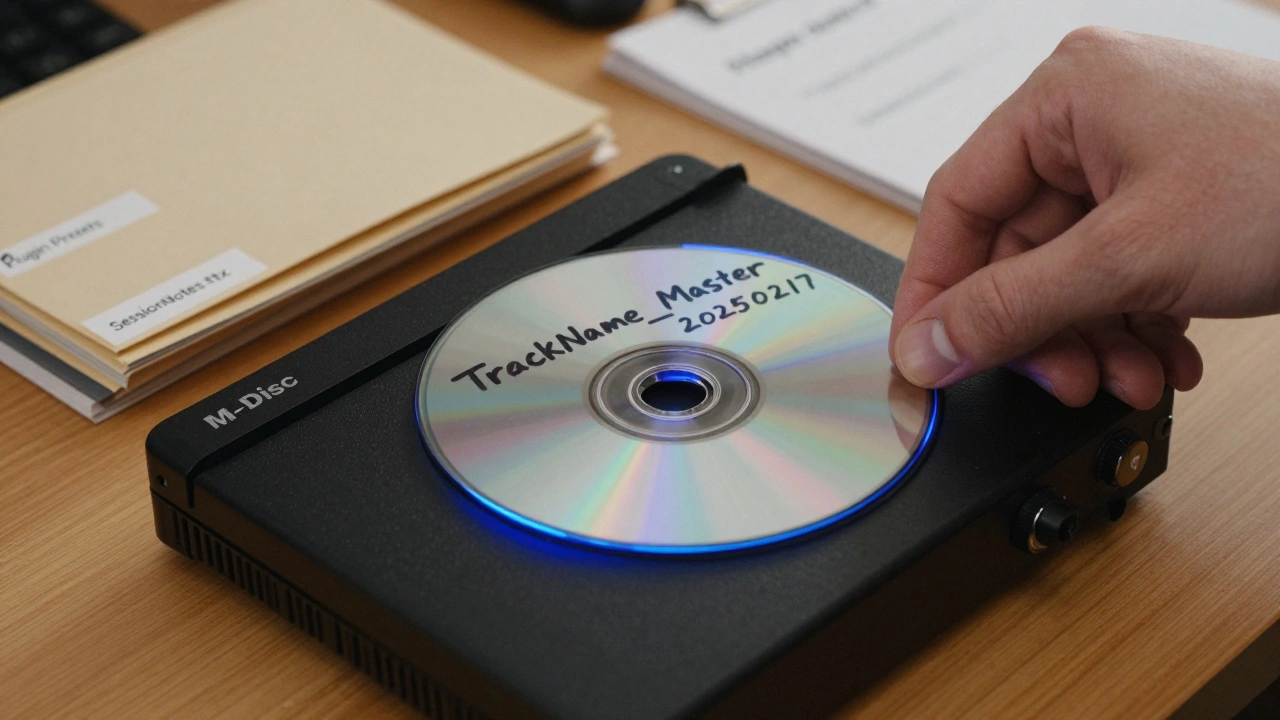 A hand inserting a labeled M-DISC Blu-ray into a burner, with archived music files visible in the background.