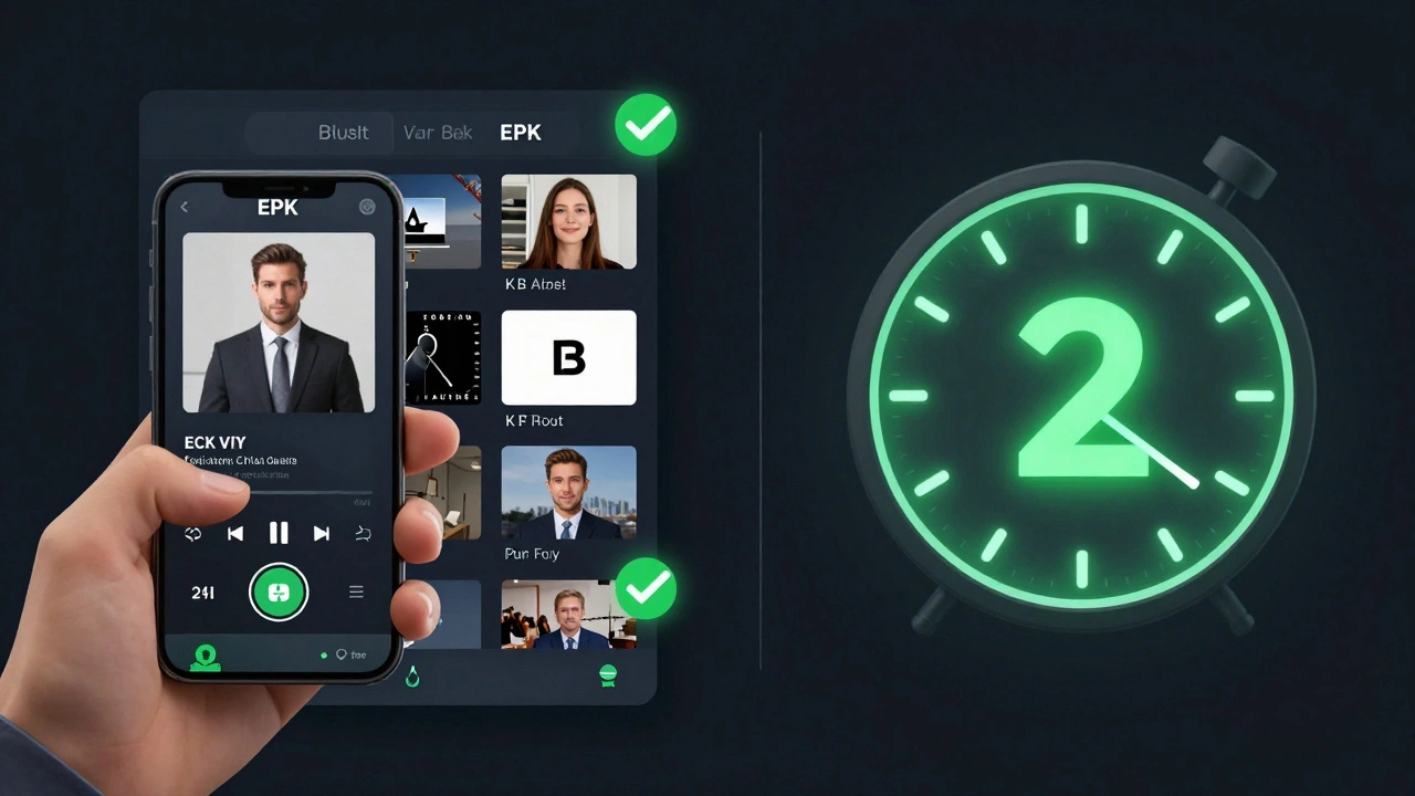 A journalist on mobile viewing a fast-loading EPK with labeled media assets and a 2-second load timer.