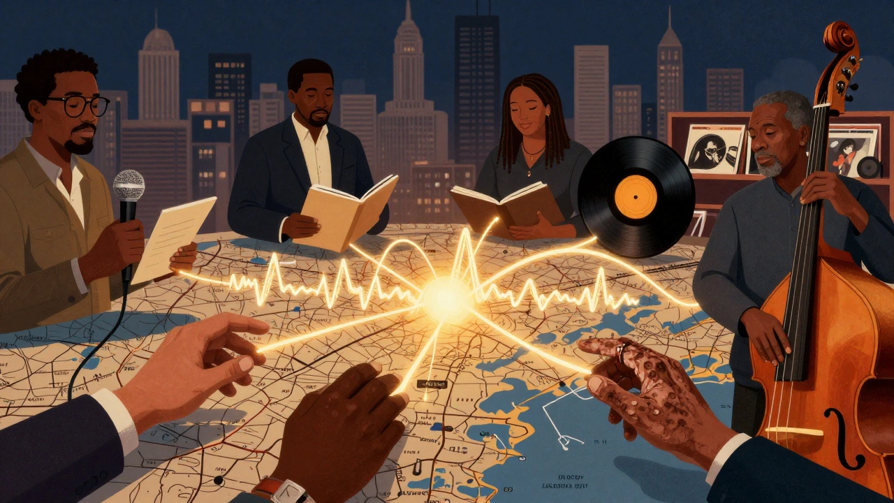 A network of hands in Chicago linked by sound waves, representing key blues scene figures from clubs, radio, and record shops.