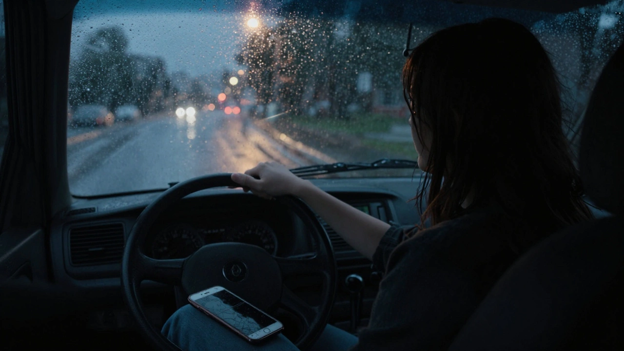 A person alone in a car at 3 a.m., rain streaking the windshield, phone dark in the passenger seat.