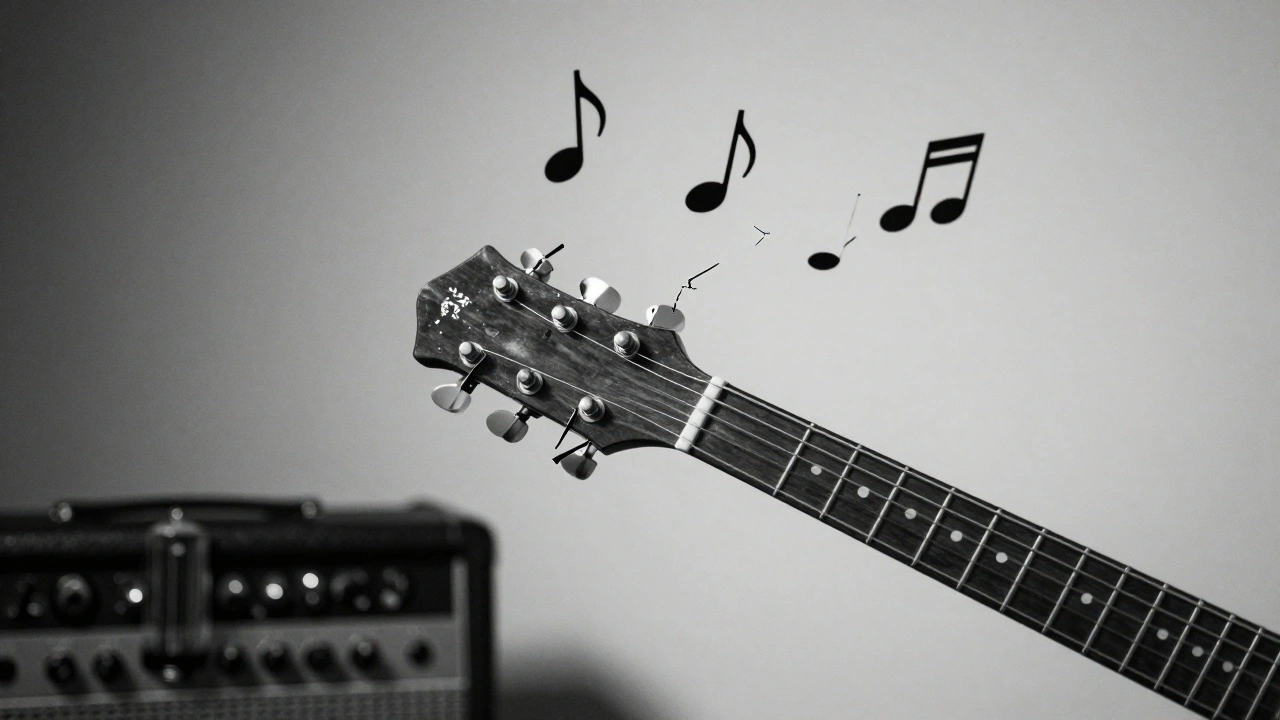 A slide hovering above guitar strings with distorted, smudged musical notes floating around it.