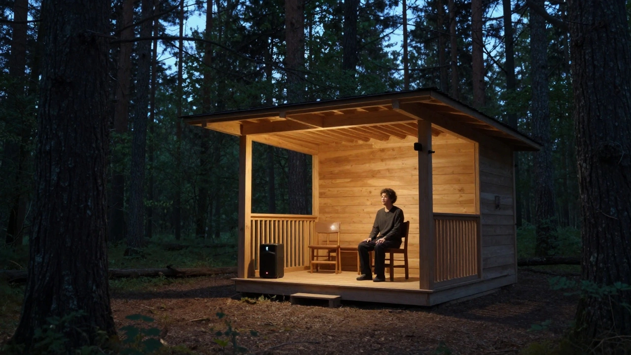 A solitary wooden listening room in the woods, bathed in dusk light, with one person sitting in quiet reverence.