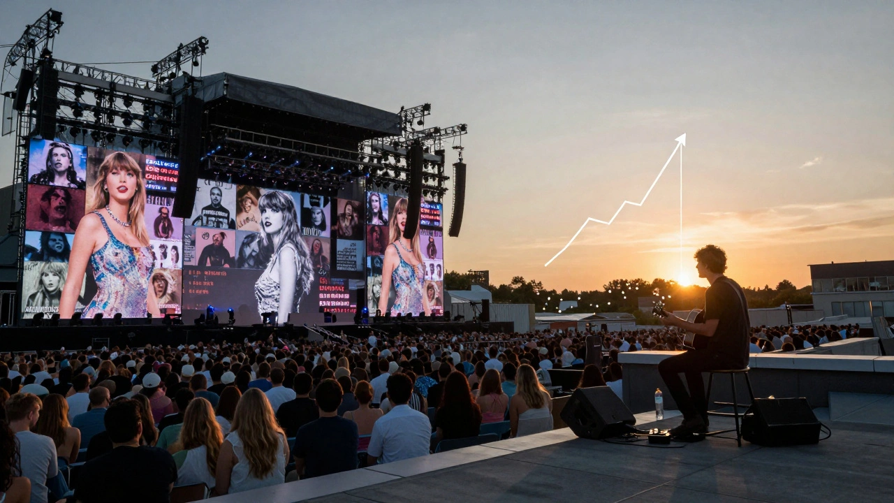 A split scene: chaotic big-artist release crowd on one side, a lone musician at dawn with a rising streaming graph on the other.
