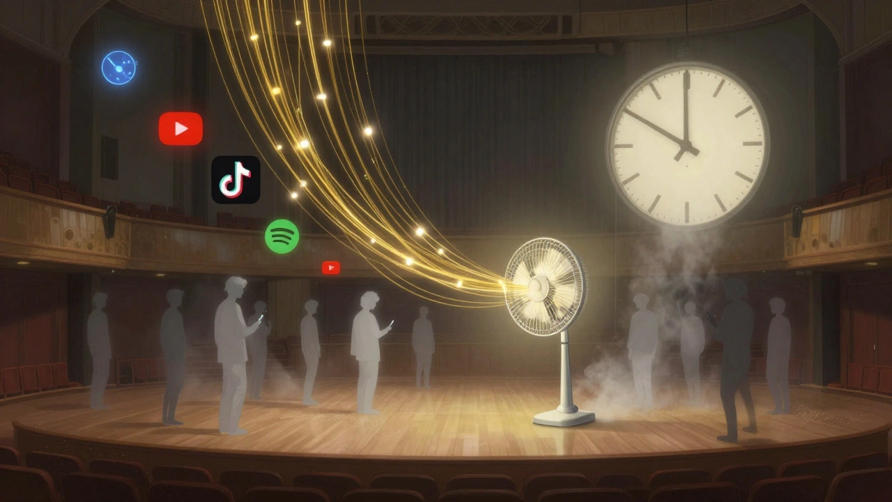 A surreal concert hall with golden data threads connecting to one engaged fan, while other viewers fade away into dust.