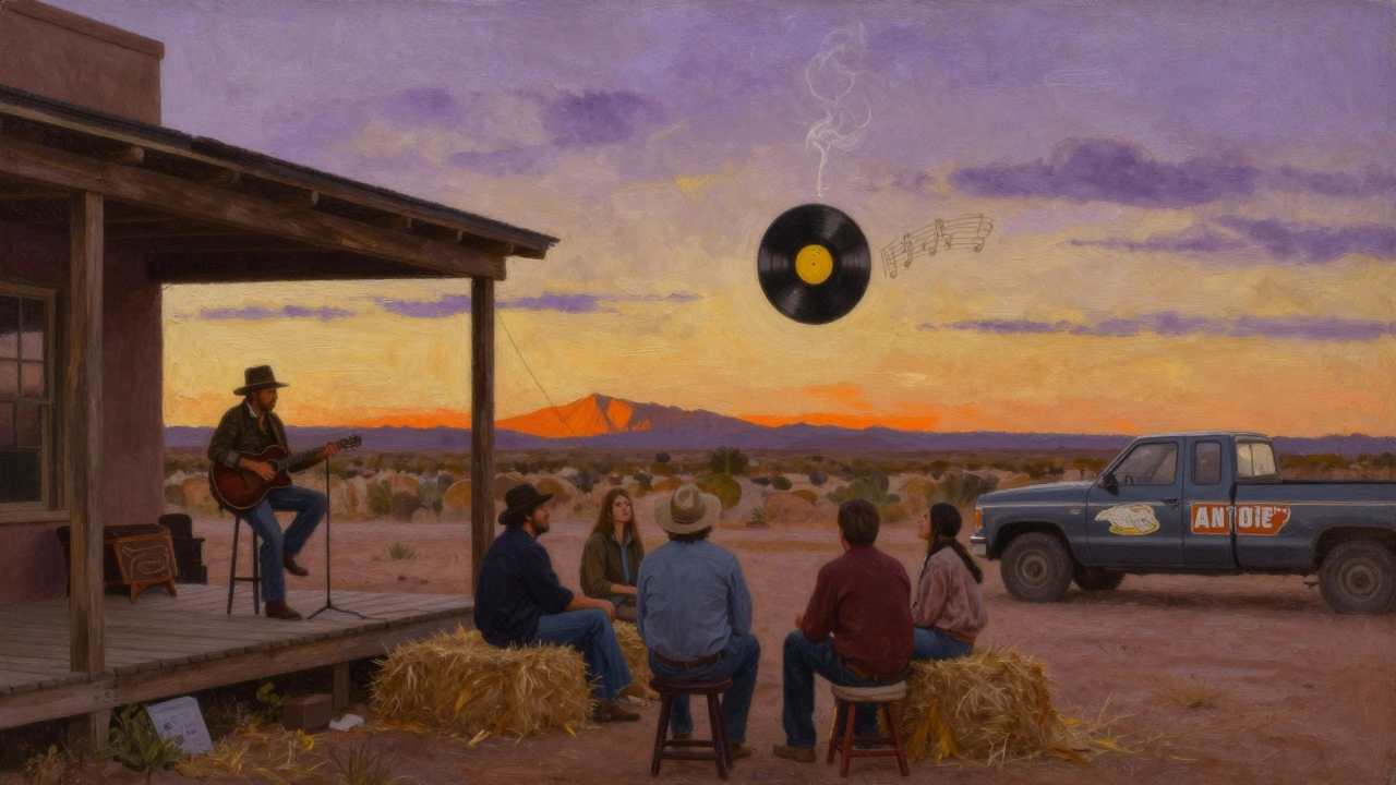 A Texas blues musician playing on a porch at sunset, locals listening quietly, a vinyl record floating mid-air with musical notes.