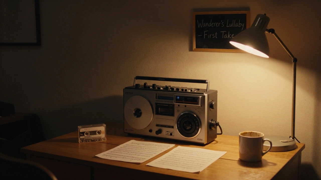 A vintage Revox tape recorder on a studio desk beside an unmarked cassette, in a quiet Portland studio at twilight.