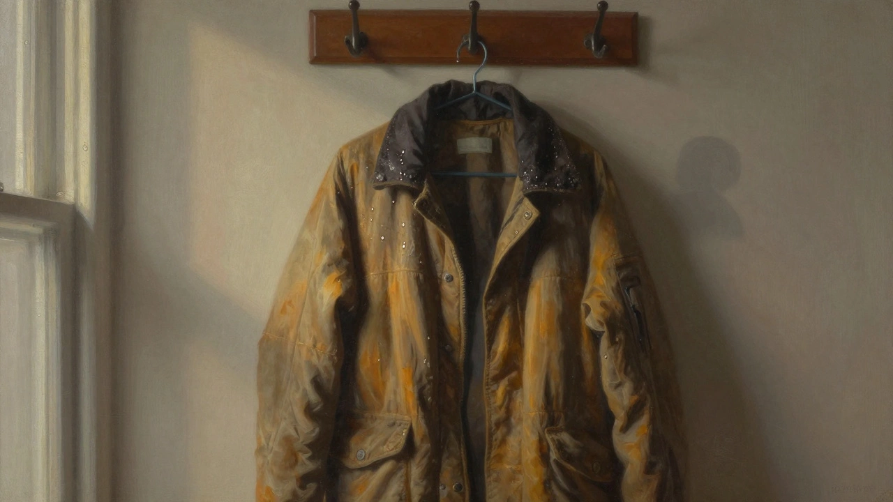 A worn jacket hanging in a hallway, faintly glowing with morning light, evoking absence.