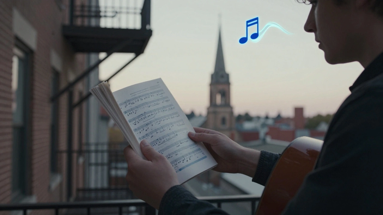 A young musician on a fire escape, balancing a blues theory book and his guitar as a blue note floats in the air.