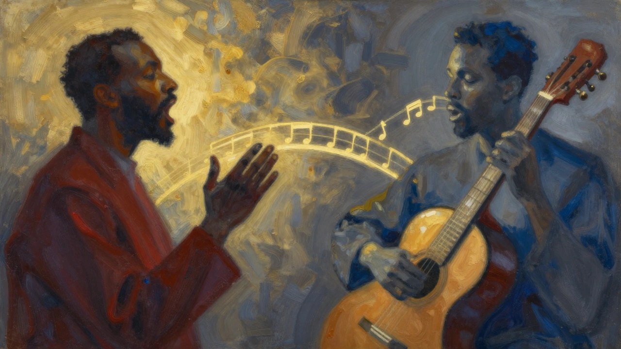 An abstract bridge of glowing notes connects a preacher's voice to a slide guitar, symbolizing spiritual call-and-response.