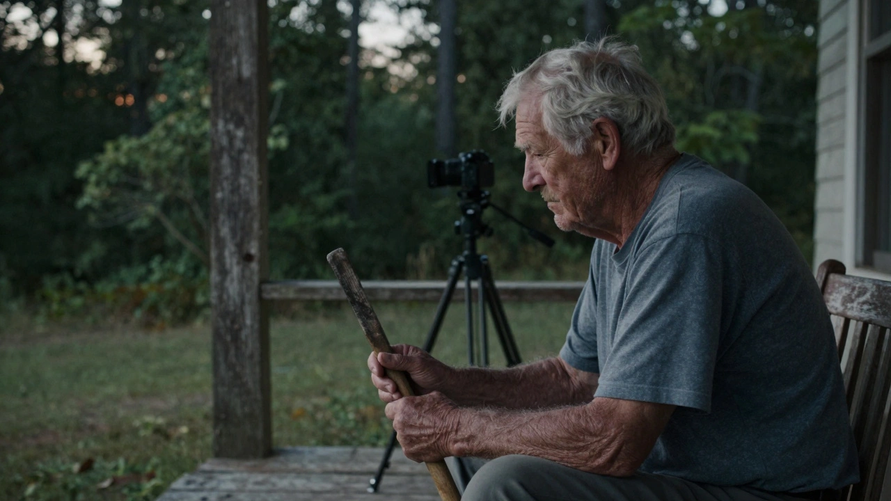An elderly man on a porch, hands holding a tool, forest fading behind him in dusk light.
