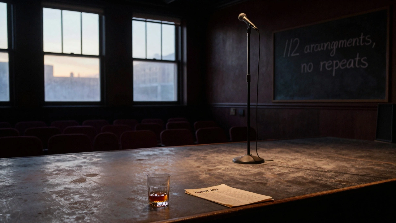 An empty jazz stage at dawn after a 15-night run, with a lone glass and chalkboard marking 112 unique arrangements.