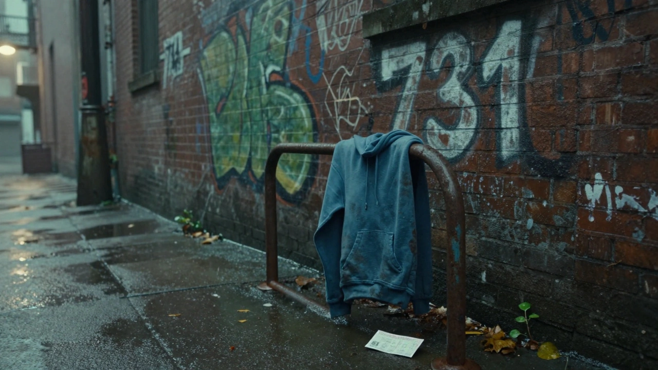 An empty Portland alley at dawn with faded '731' graffiti and a blue hoodie on a bike rack.
