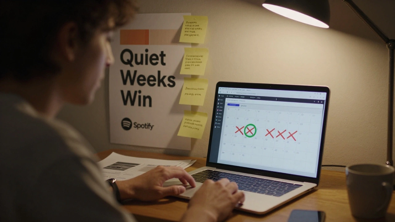 An indie artist studying a release calendar with sticky notes and Spotify charts, circling a strategic release date.