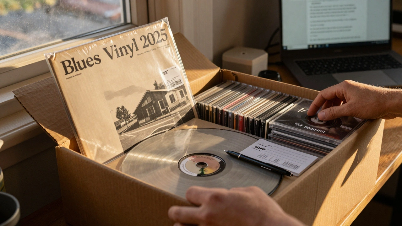 An open box of 300 vinyl records and 200 CDs in a garage, with one record partially removed from its sleeve.