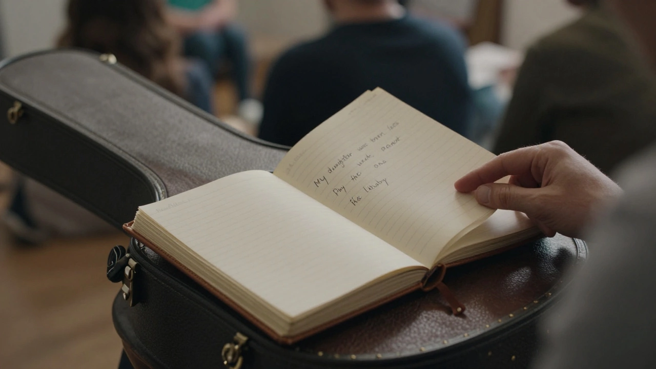 An open notebook beside a guitar, filled with handwritten notes from audience members.