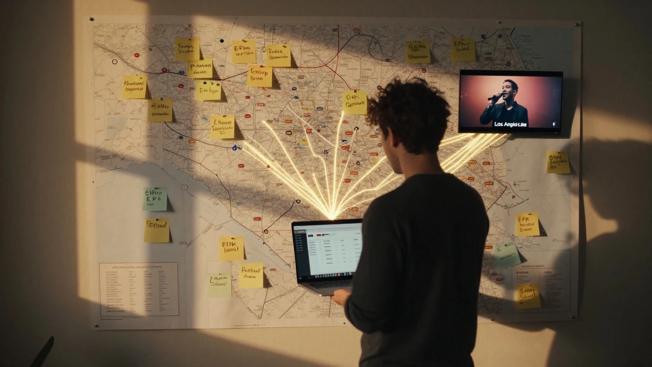 Artist standing before a world map marked with EPK traffic hotspots and a floating video frame.