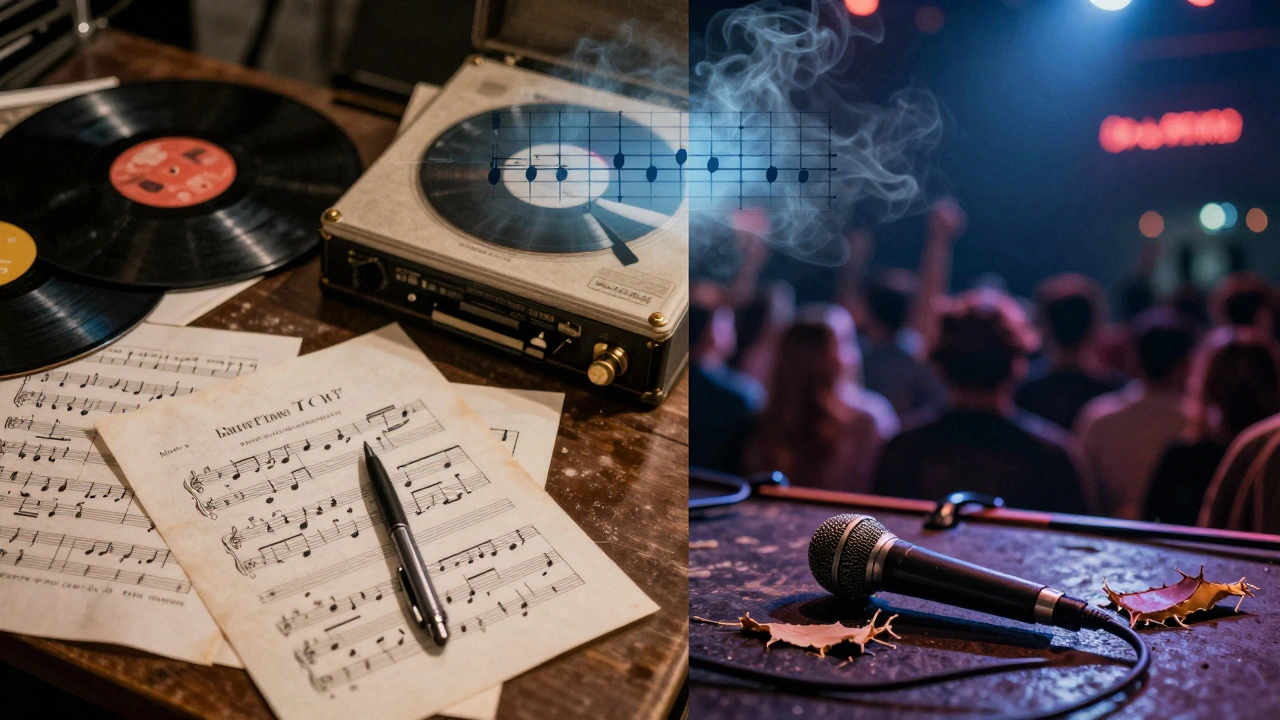 Contrasting scenes of blues scholarship and live performance, linked by a fading musical scale diagram.